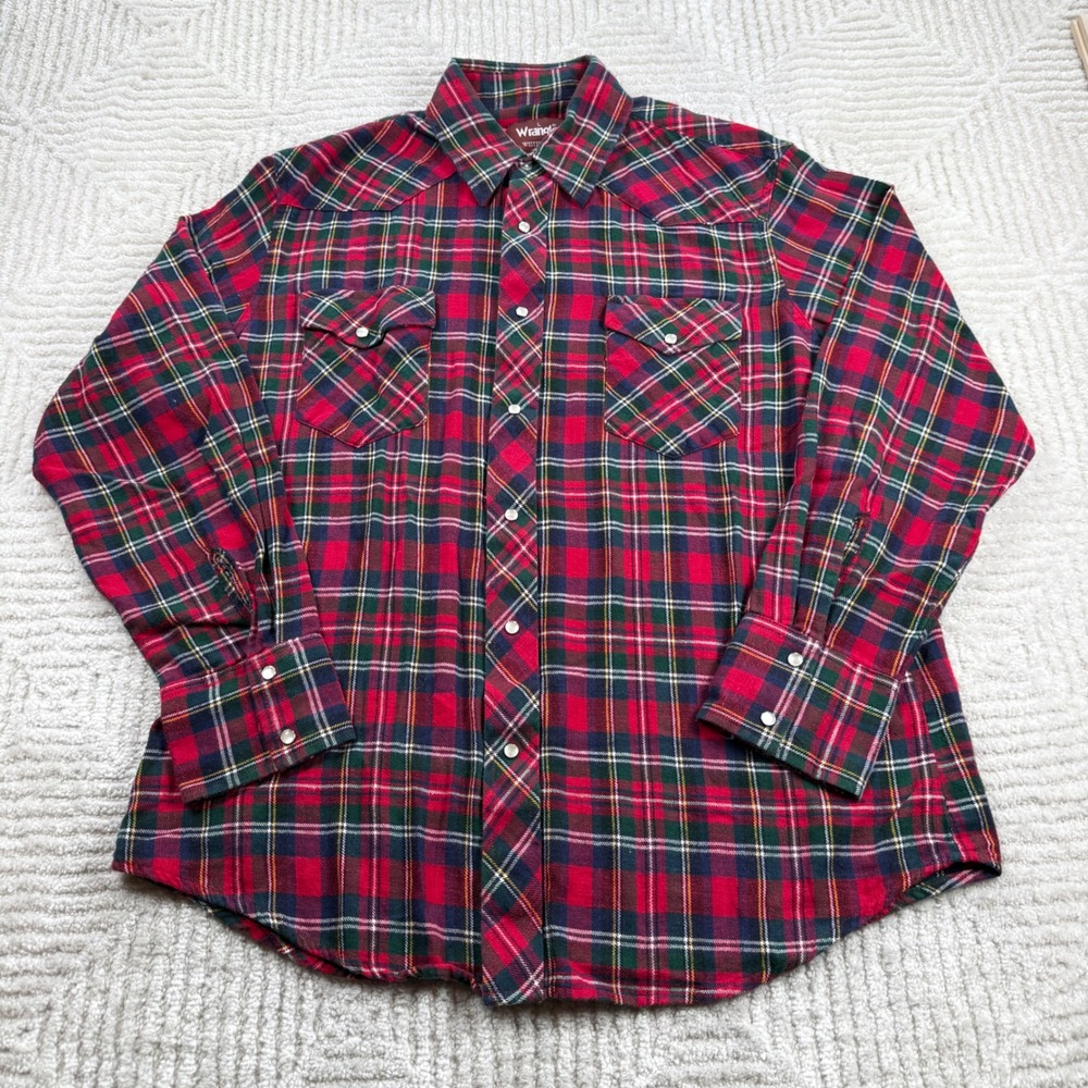 Wrangler Western Pearl Snap Shirt Men L Red Plaid Flannel Cowboy Rodeo Work Corp